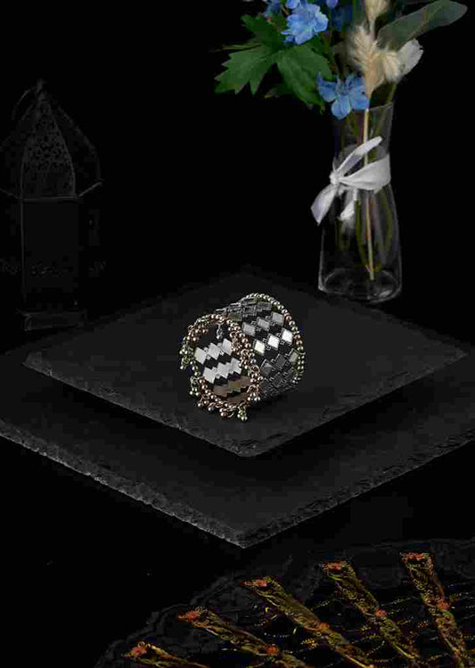 Ghungroo Beaded OXIDISED SILVER-PLATED Mirror CUFF BRACELET