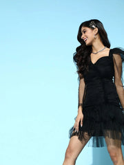 Black Mesh Flounce Sleeve Short Dress