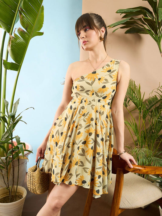 Women Yellow Floral Organza One Shoulder Dress