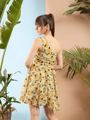 Women Yellow Floral Organza One Shoulder Dress