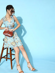 Blue Floral Organza Side Cut Out Dress