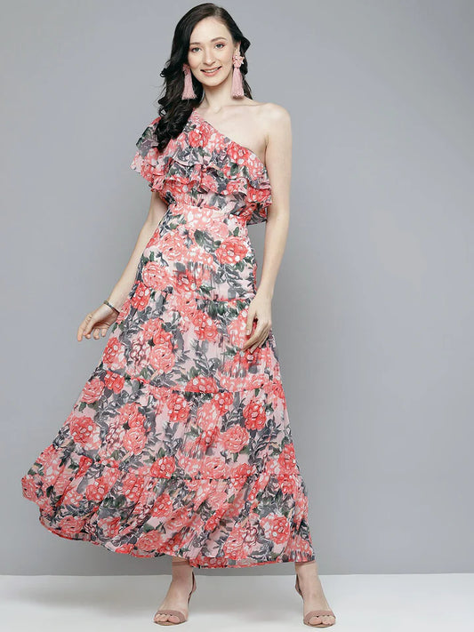 Peach Floral One Shoulder Maxi Dress