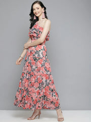 Peach Floral One Shoulder Maxi Dress