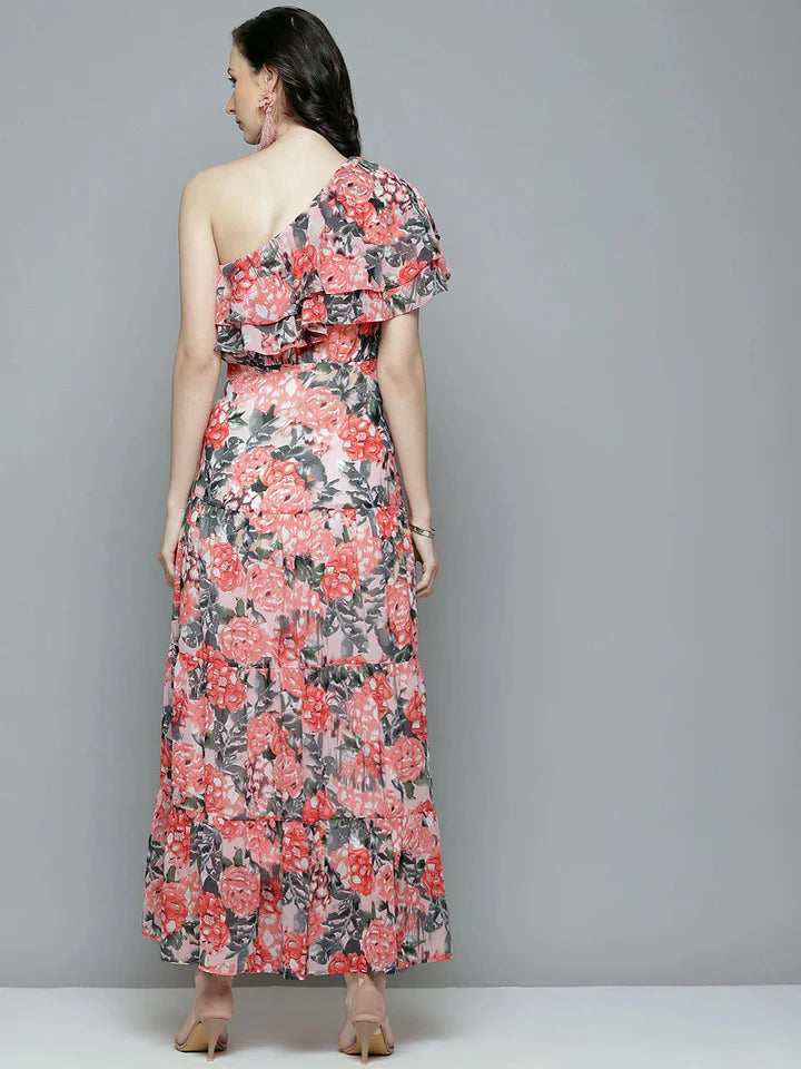 Peach Floral One Shoulder Maxi Dress