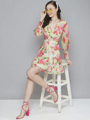 White & Pink Floral Front Knot Short Dress