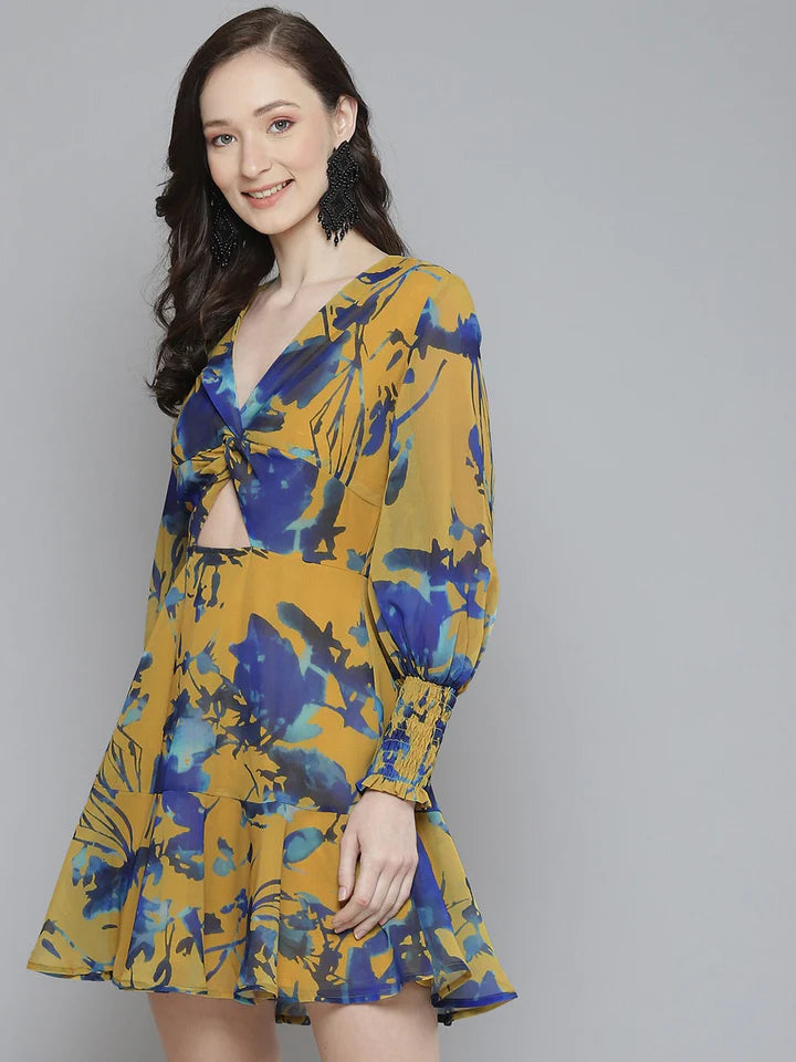 Mustard & Blue Floral Front Knot Short Dress