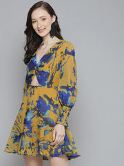 Sassafras - Mustard & Blue Floral Front Knot Short Dress