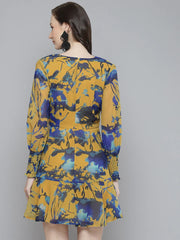 Mustard & Blue Floral Front Knot Short Dress