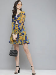 Mustard & Blue Floral Front Knot Short Dress