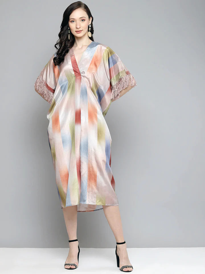 Multicolour Striped Fringe Lace Kaftan