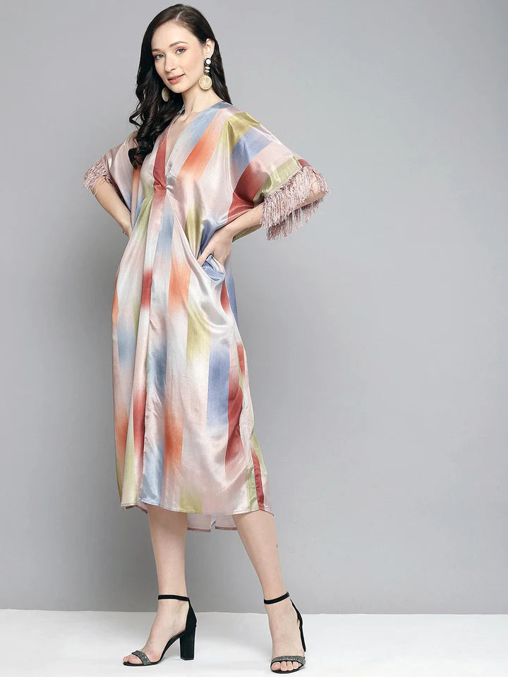 Multicolour Striped Fringe Lace Kaftan