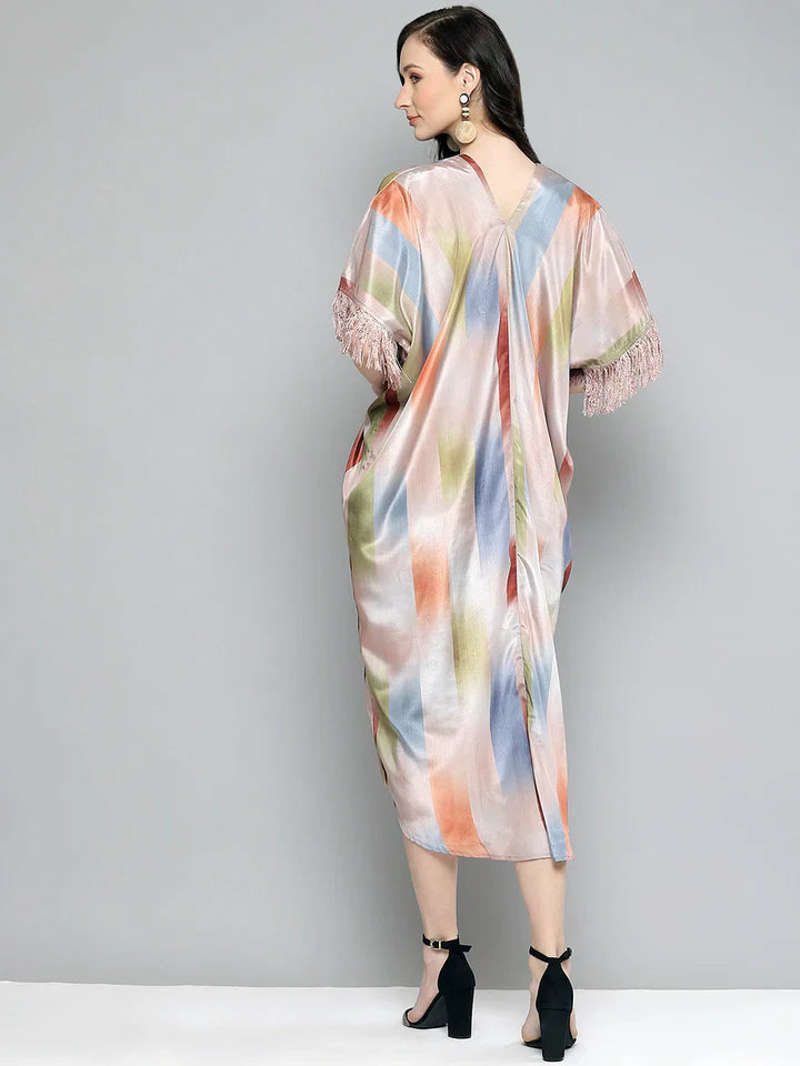 Multicolour Striped Fringe Lace Kaftan