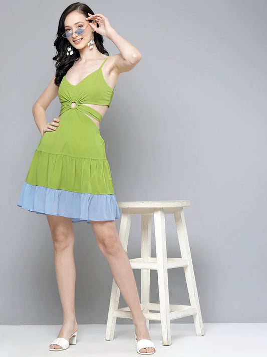 Blue & Lime Green Side Cut-Out Short Dress