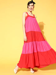 Red & Fuchsia Colour Block Tiered Maxi Dress