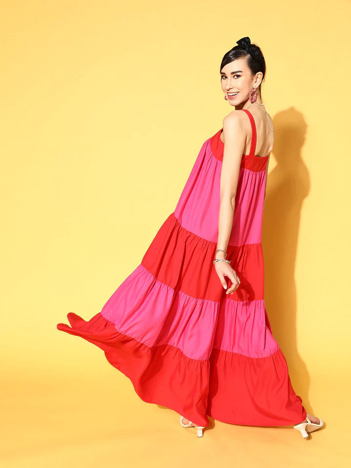 Red & Fuchsia Colour Block Tiered Maxi Dress