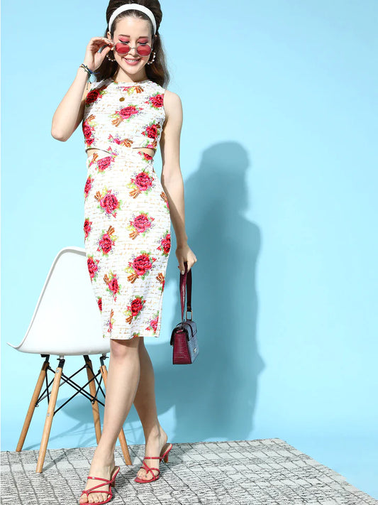 Women White Text Floral Side Cut Out Dress