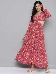 Red Ditsy Floral Waist Cut-Out Maxi Dress