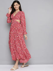 Red Ditsy Floral Waist Cut-Out Maxi Dress