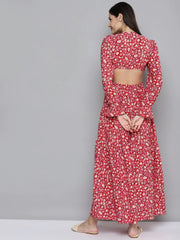 Red Ditsy Floral Waist Cut-Out Maxi Dress