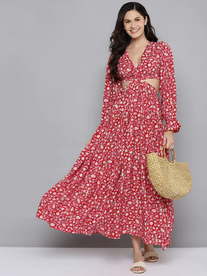 Red Ditsy Floral Waist Cut-Out Maxi Dress