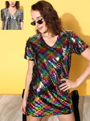 Women Black Multi-Sequin V-Neck T-shirt Dress