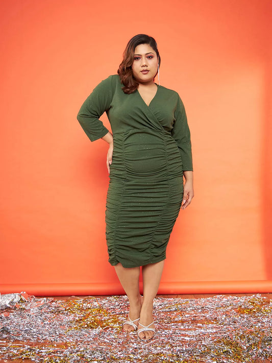 Women Olive Glitter Ruched Bodycon Midi Dress