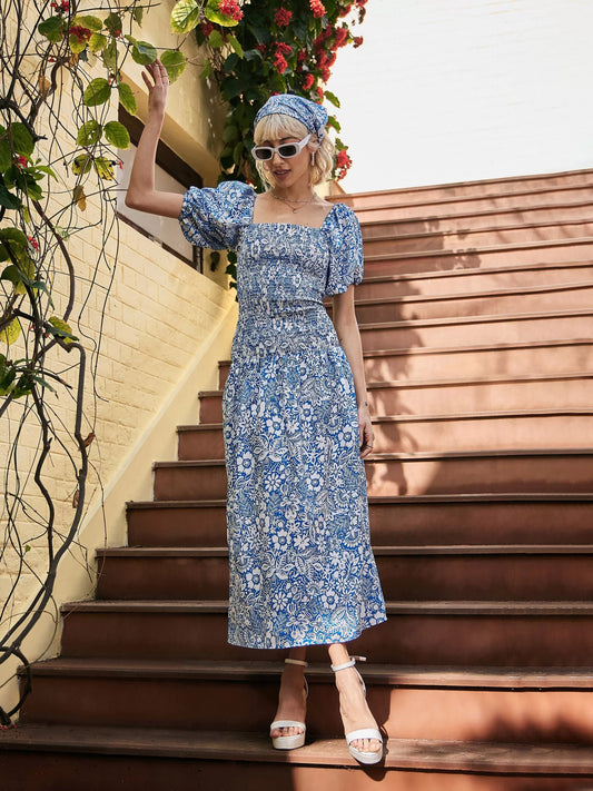 Women Blue Floral Smocked Midi Dress