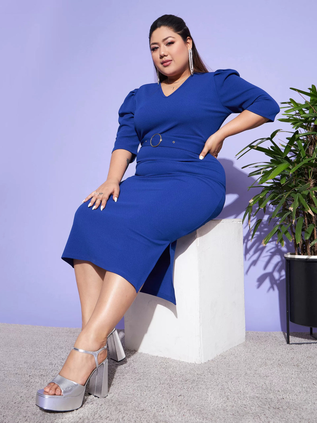 Women Royal Blue Belted Bodycon Dress