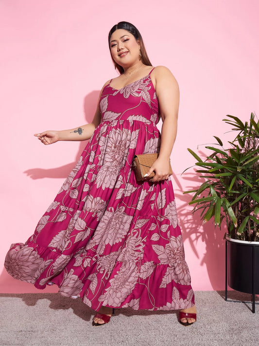 Women Magenta Floral Tiered Maxi Dress