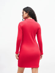 Women Pink Rib Front Zipper Short Bodycon Dress