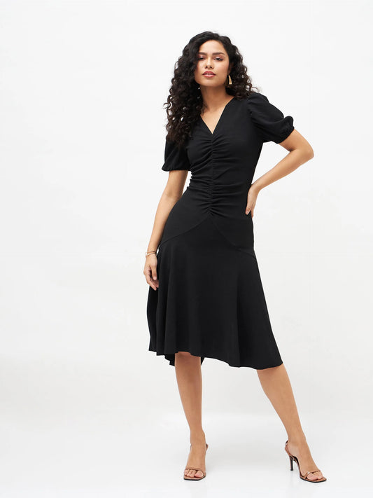 Women Black Front Ruched Midi Dress