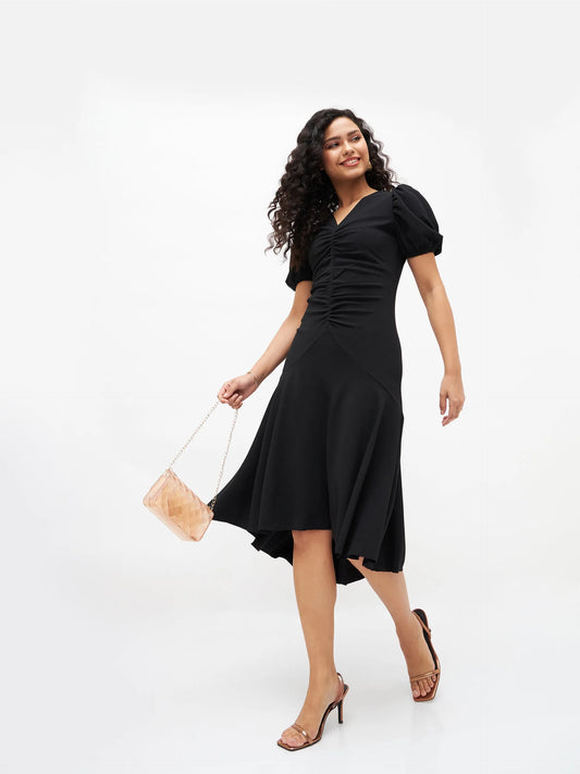 Women Black Front Ruched Midi Dress