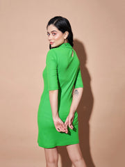 Women Green Stand Up Collar Bodycon Rib Dress