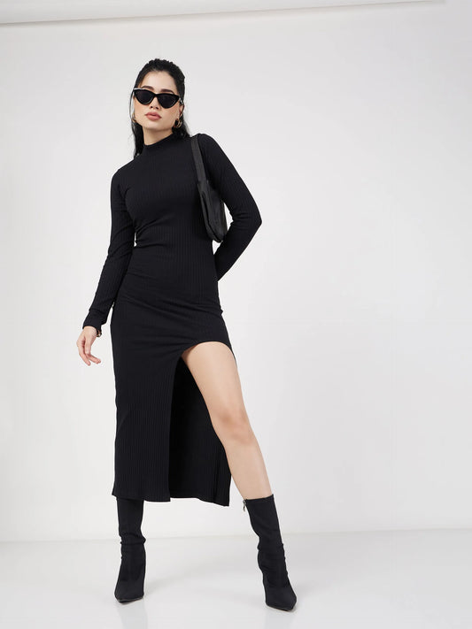 Women Black Rib Turtle Neck Front Slit Dress