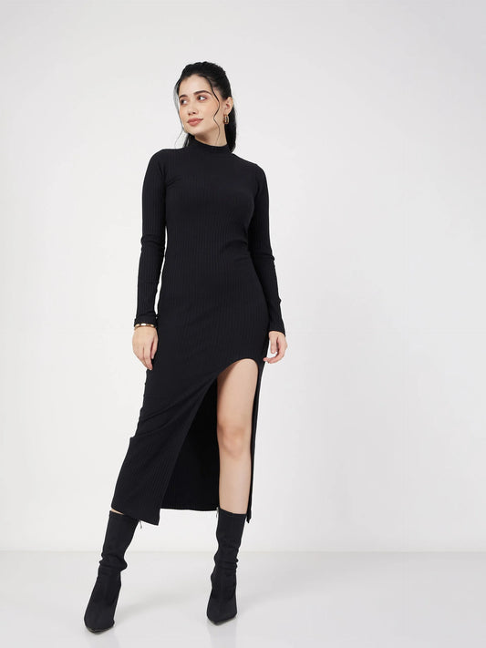 Women Black Rib Turtle Neck Front Slit Dress