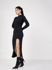 Women Black Rib Turtle Neck Front Slit Dress