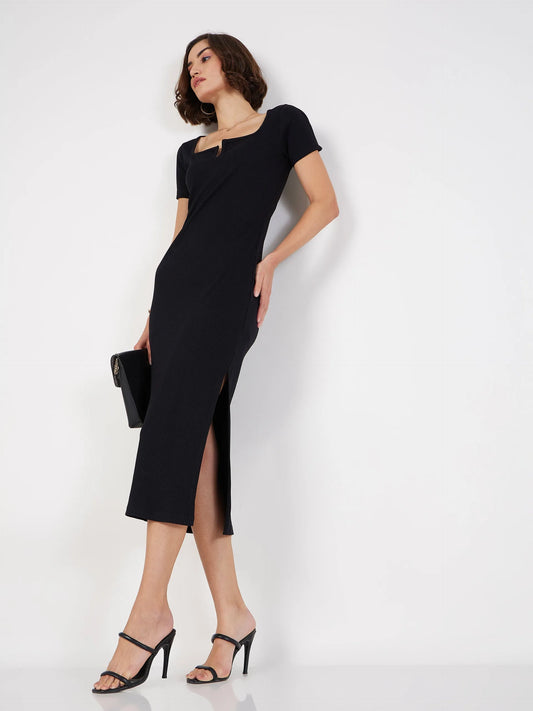 Women Black Rib V-Neck Midi Dress