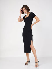 Women Black Rib V-Neck Midi Dress