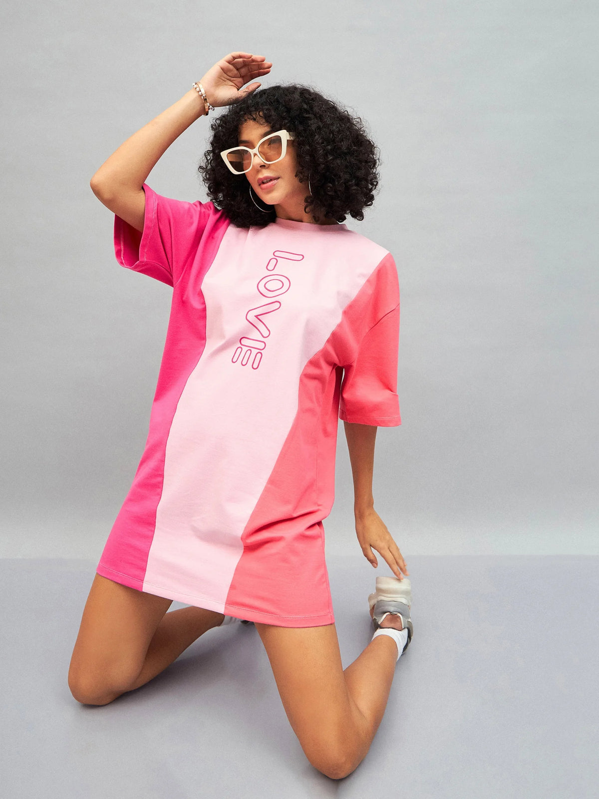 Women Pink LOVE ColorBlock T-Shirt Dress