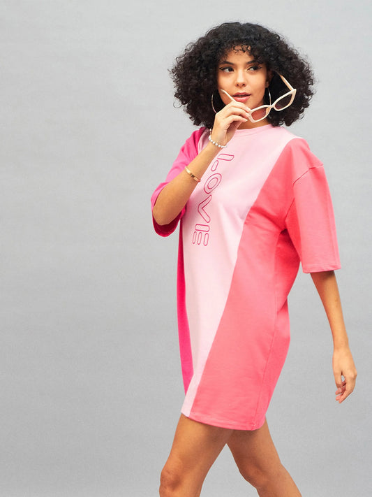 Women Pink LOVE ColorBlock T-Shirt Dress