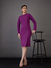 Women Purple Front Button Bodycon Midi Dress