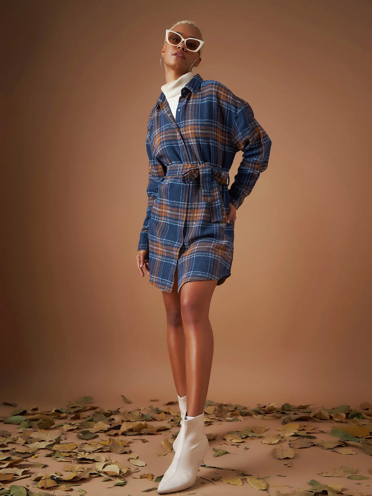 Women Navy Flannel Check Belted Shirt Dress