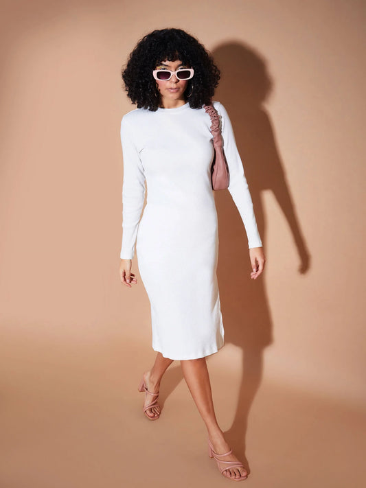 Women White Rib Side Slit Bodycon Midi Dress