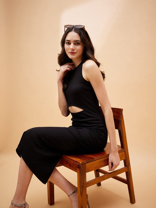 Women Black Front Cut Out Rib Midi Dress