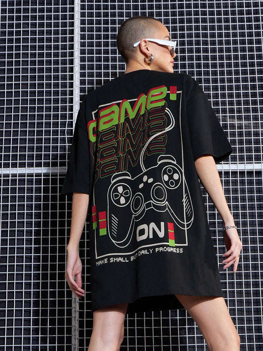 Women Black GAME ON Printed Oversized T-Shirt Dress