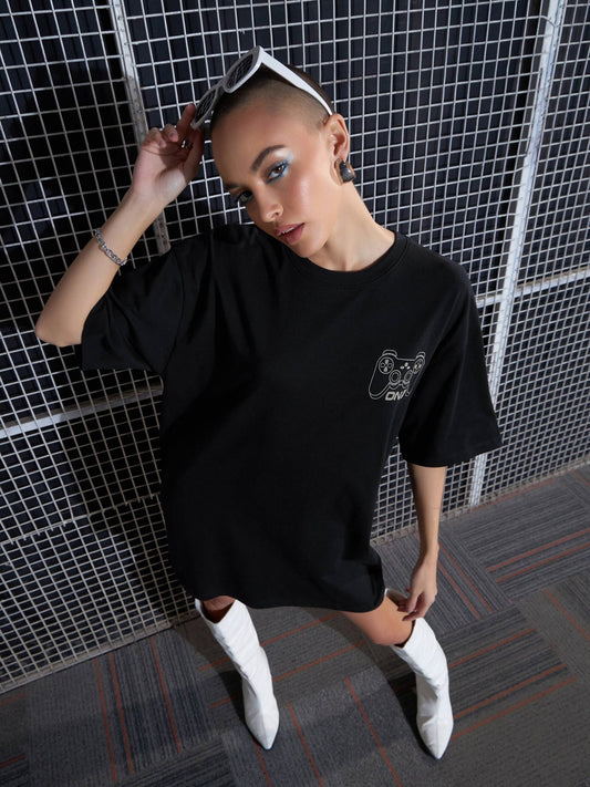 Women Black GAME ON Printed Oversized T-Shirt Dress