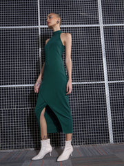 Women Emerald Rib Front Slit Bodycon Midi Dress