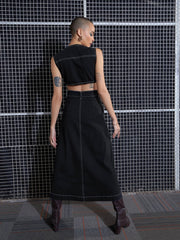 Women Black Acid Wash Waist Cut-Out Midi Dress