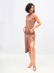 Women Brown Box Back Cascade Ruffle Midi Dress