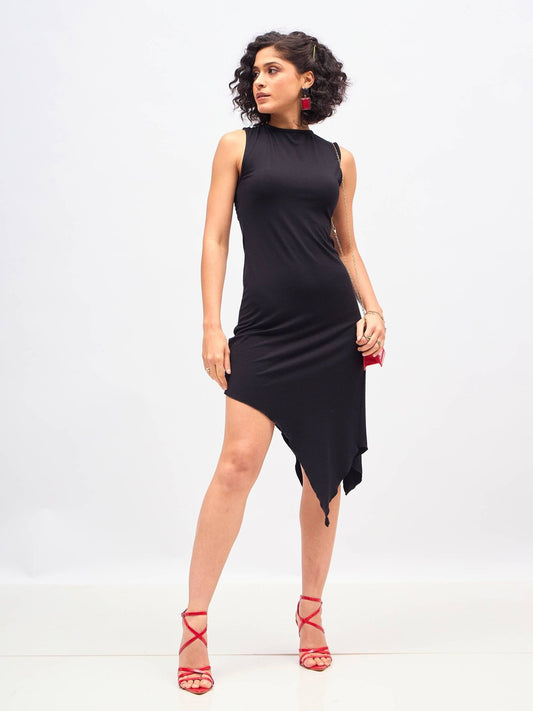 Women Black Asymmetric Back Cut-Out Dress